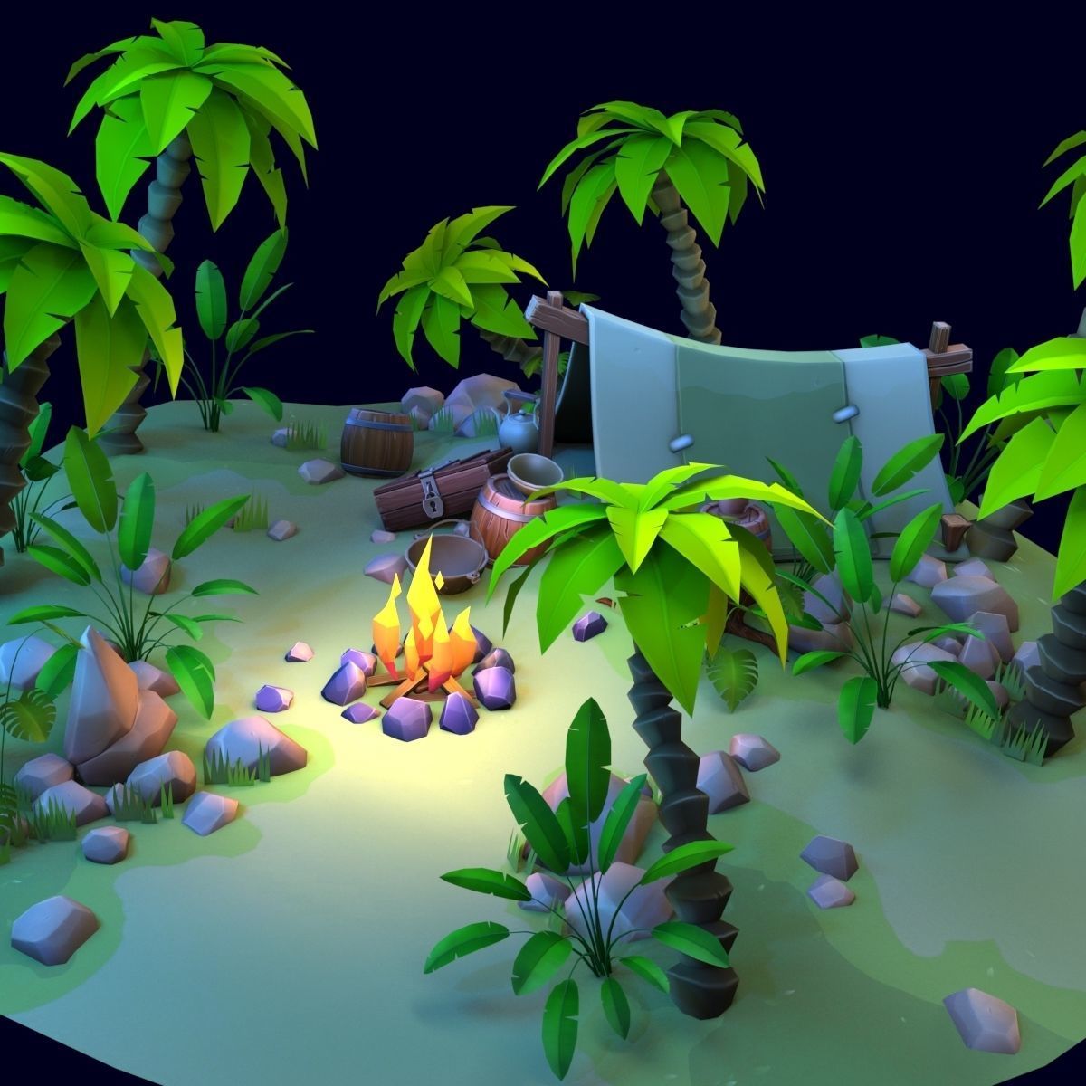Stylized set island with palm trees and campfire Low-poly 3D model_8