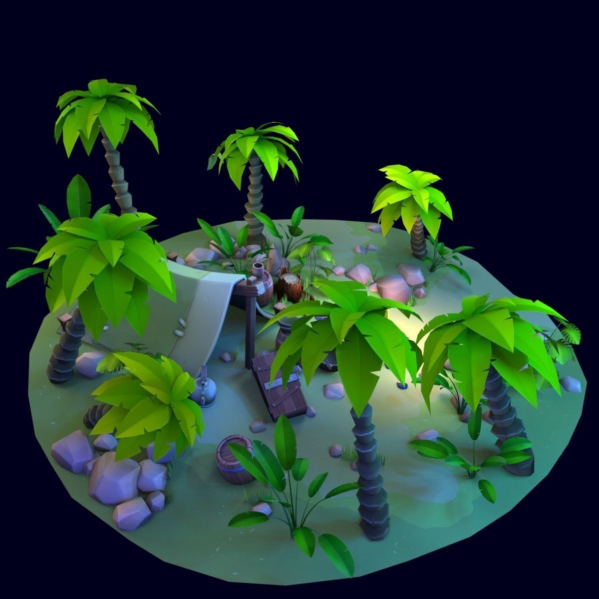 Stylized set island with palm trees and campfire Low-poly 3D model_4