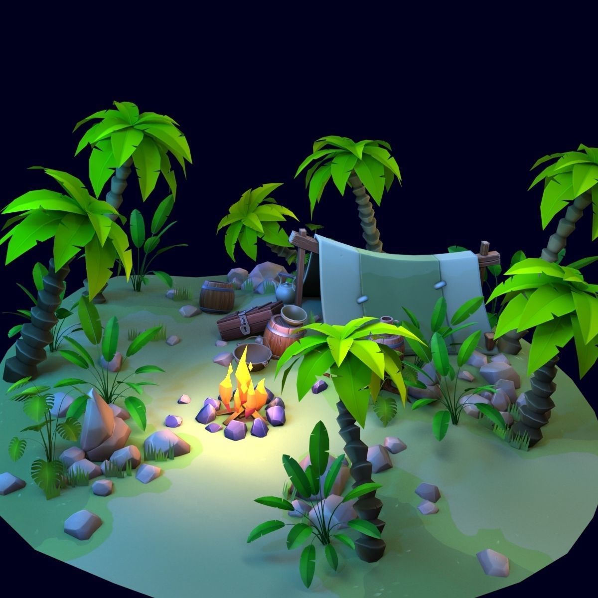Stylized set island with palm trees and campfire Low-poly 3D model_6