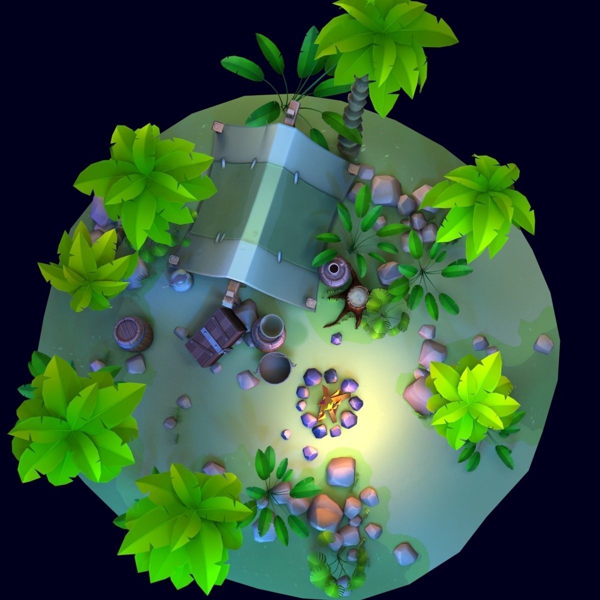 Stylized set island with palm trees and campfire Low-poly 3D model_10