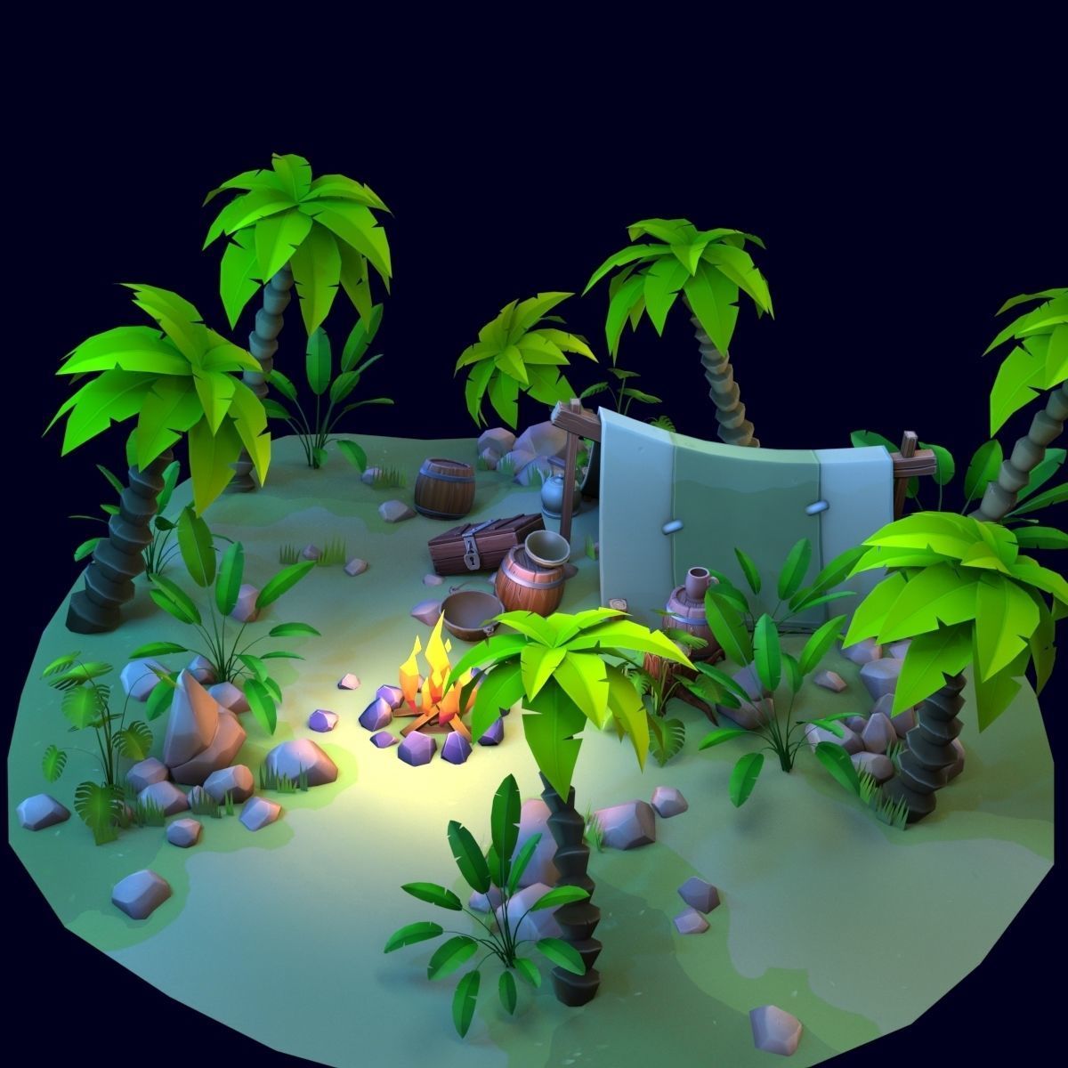 Stylized set island with palm trees and campfire Low-poly 3D model_1