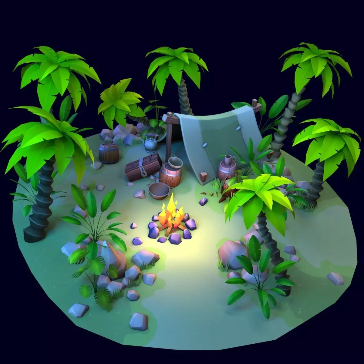 Stylized set island with palm trees and campfire Low-poly 3D model_0