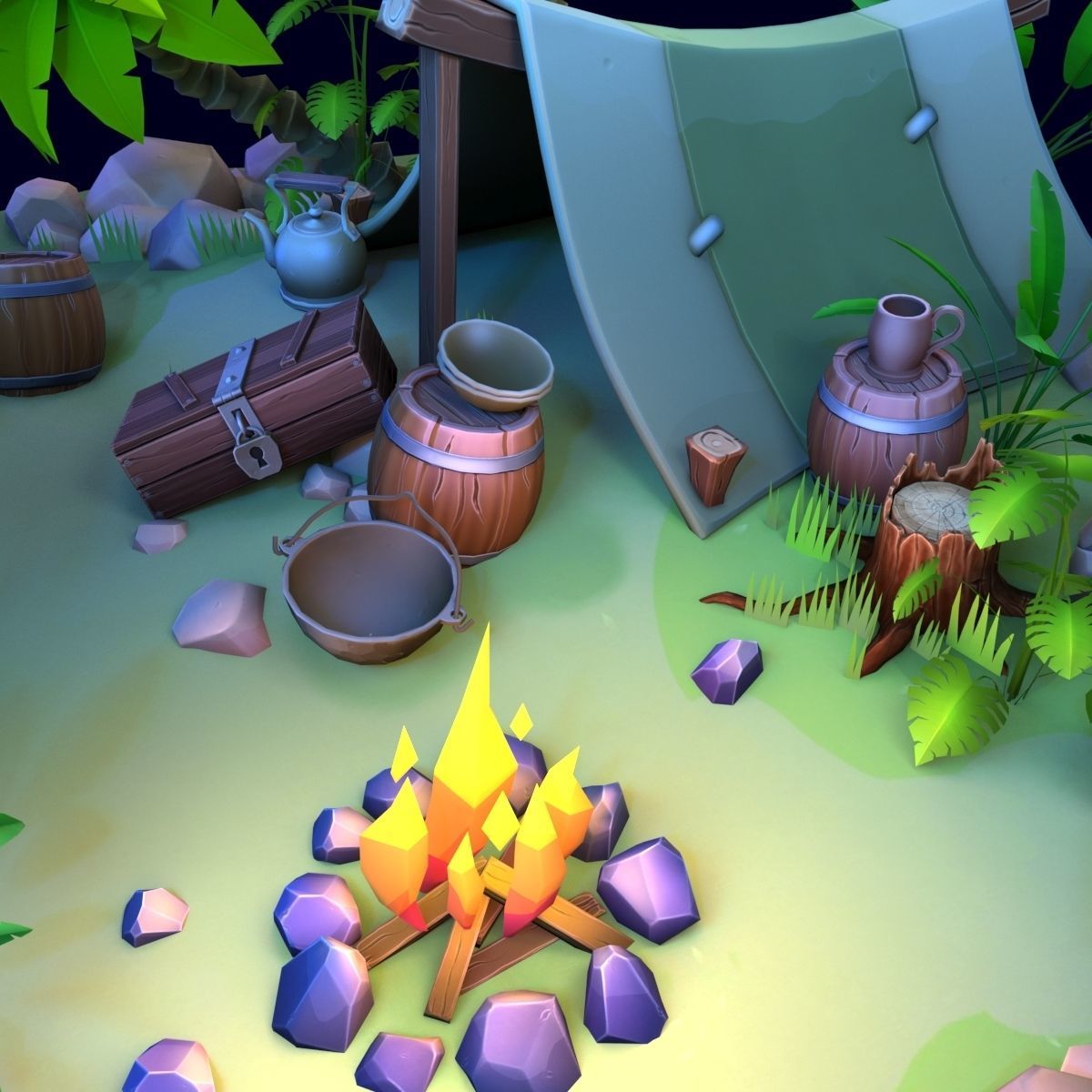 Stylized set island with palm trees and campfire Low-poly 3D model_7