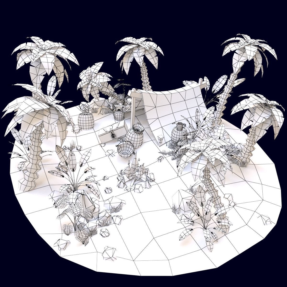 Stylized set island with palm trees and campfire Low-poly 3D model_11