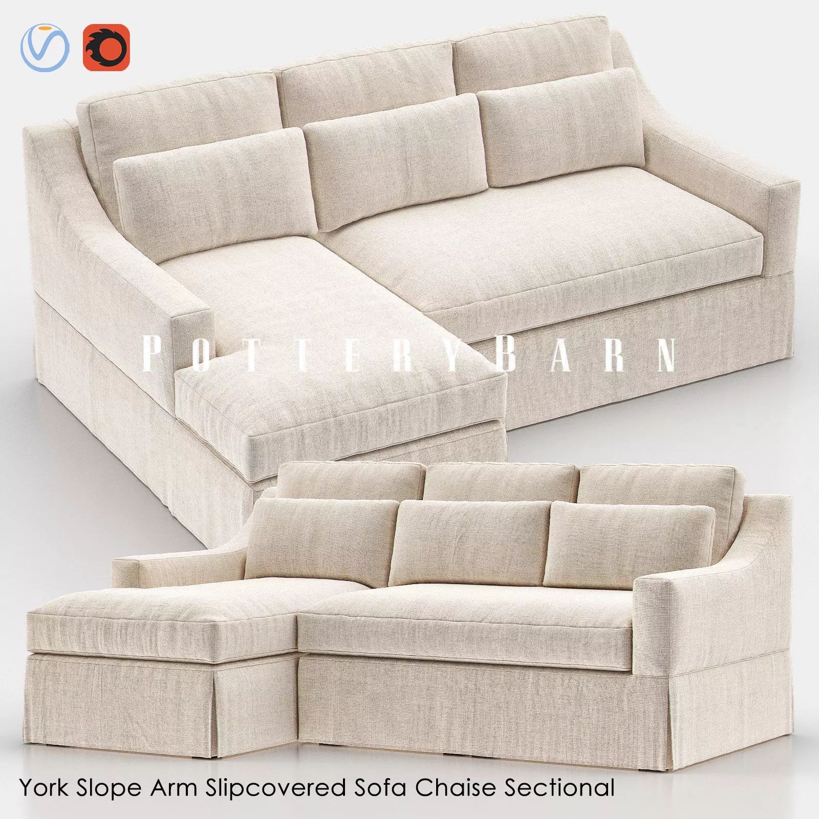 YORK Slope Arm Slipcovered Sofa Chaise Sectional 3D model_0
