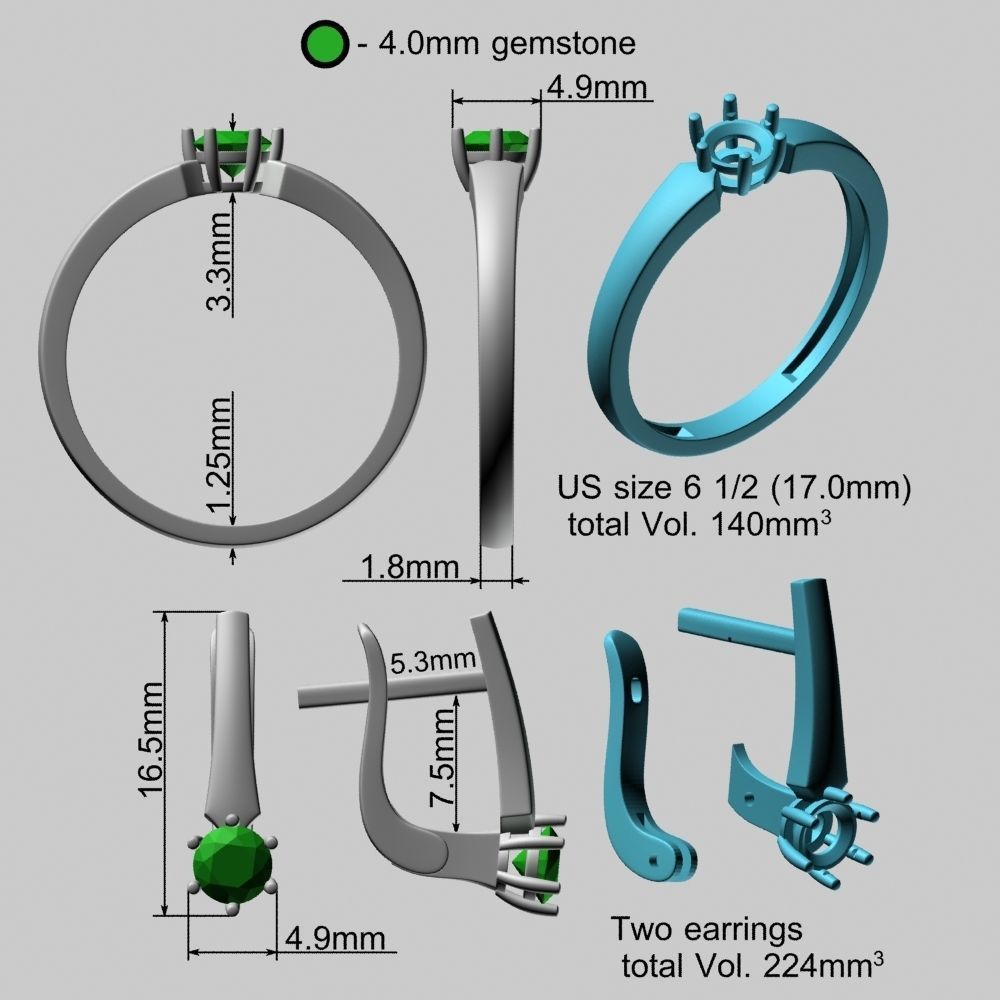 4mm Emerald Gems Ring and Earrings Set 3D print model_26