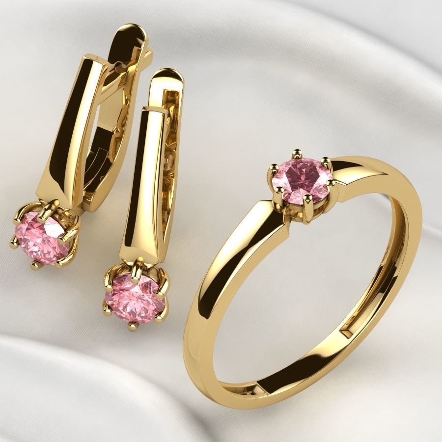 4mm Emerald Gems Ring and Earrings Set 3D print model_3