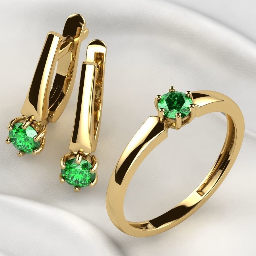 4mm Emerald Gems Ring and Earrings Set 3D print model_1