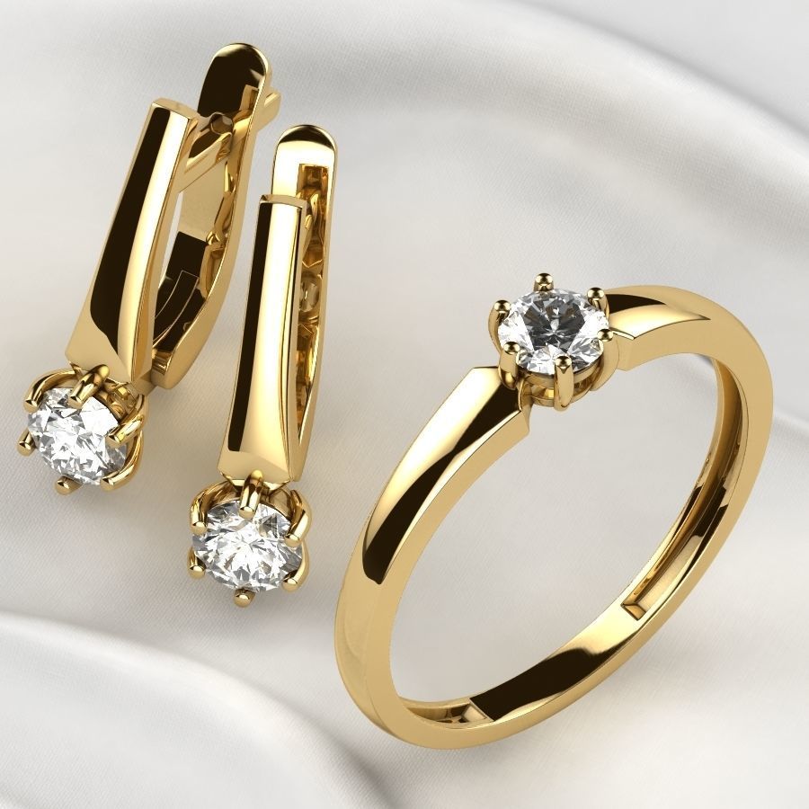 4mm Emerald Gems Ring and Earrings Set 3D print model_2