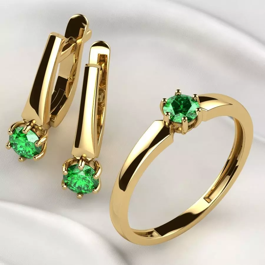 4mm Emerald Gems Ring and Earrings Set 3D print model_0