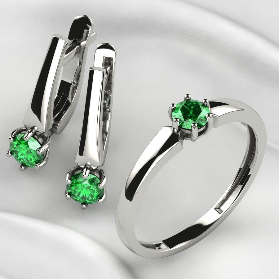 4mm Emerald Gems Ring and Earrings Set 3D print model_7