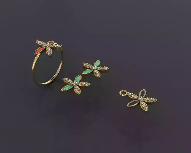 Z86-Diamond set dragonfly ring and earrings