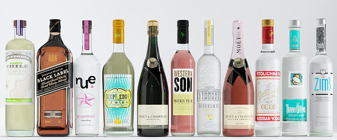 10 Fully Textured Wine  Bottles 3D model