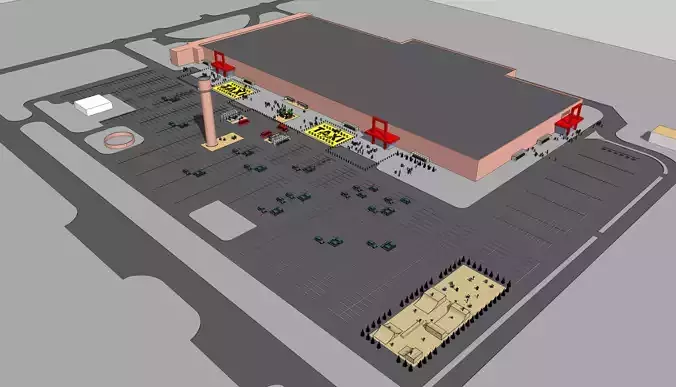 Shopping mall with parking and landscaping