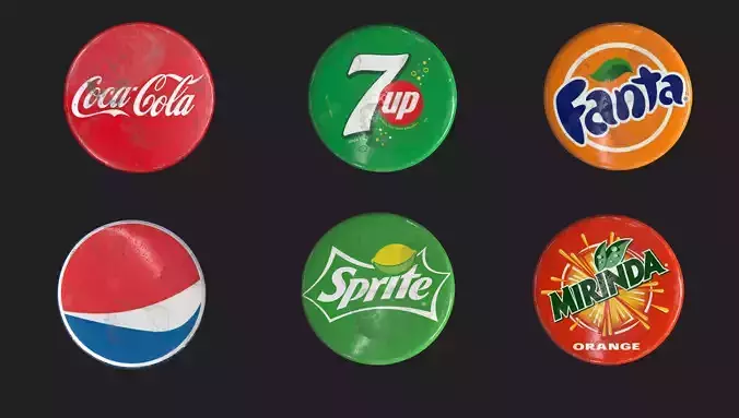 7 pack bottle caps including Cola Fanta Sprite 