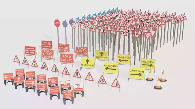 A comprehensive collection of UK traffic signs - Low poly PBR 