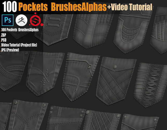 100 Pockets  BrushesAlphas and  Video Tutorial 3D model