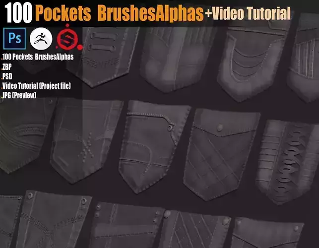 100 Pockets  BrushesAlphas and  Video Tutorial 3D model