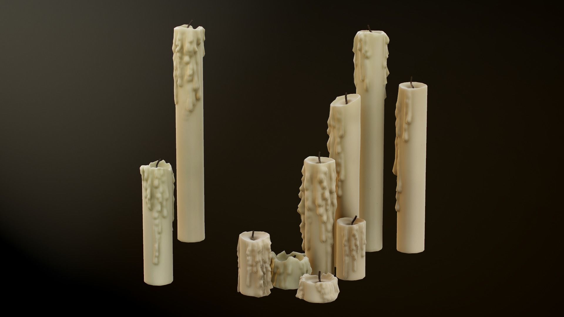 Melted Candles pack - ten different size Low-poly 3D model_9