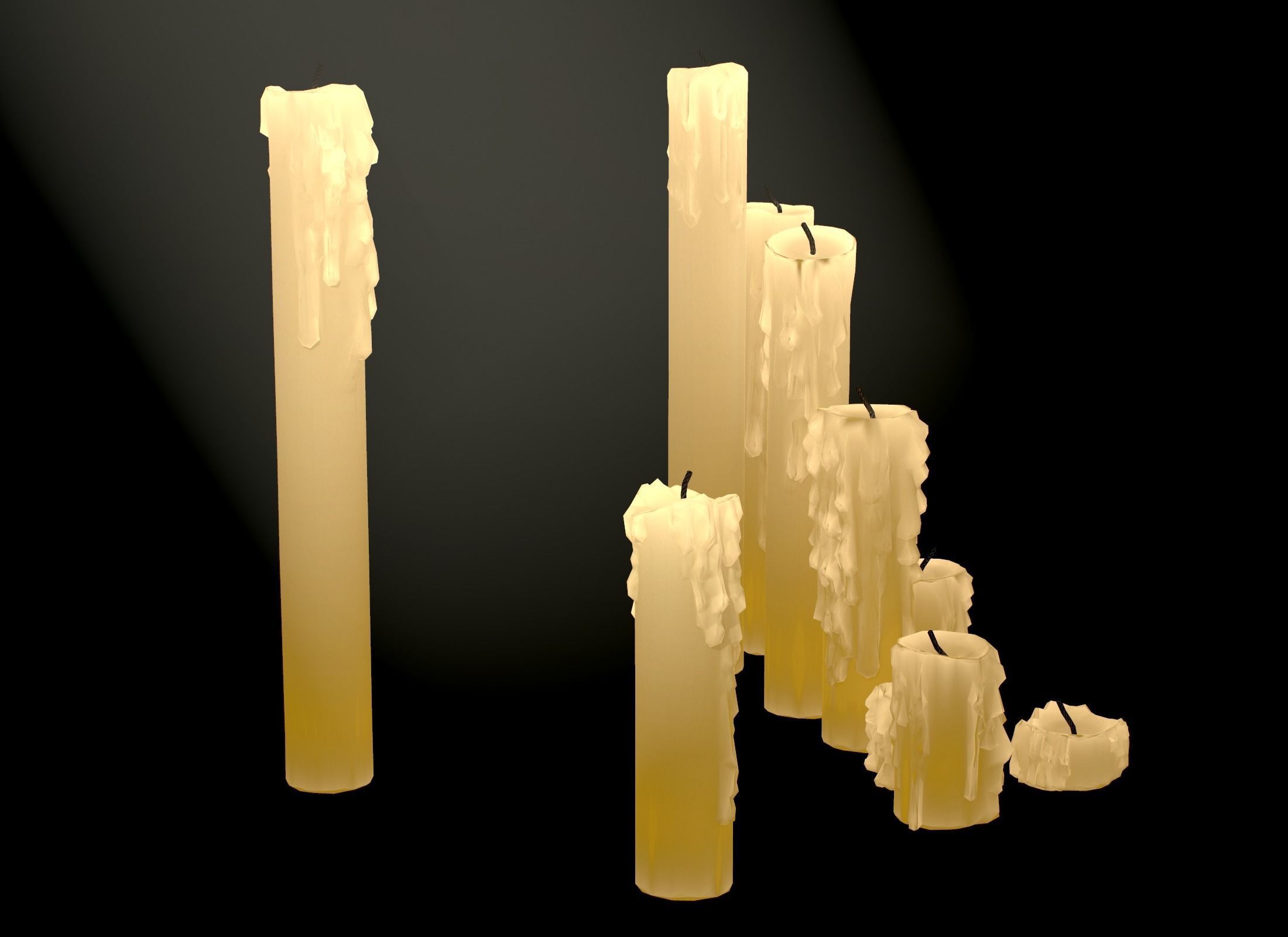 Melted Candles pack - ten different size Low-poly 3D model_38