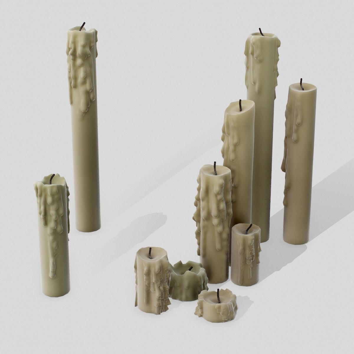 Melted Candles pack - ten different size Low-poly 3D model_8