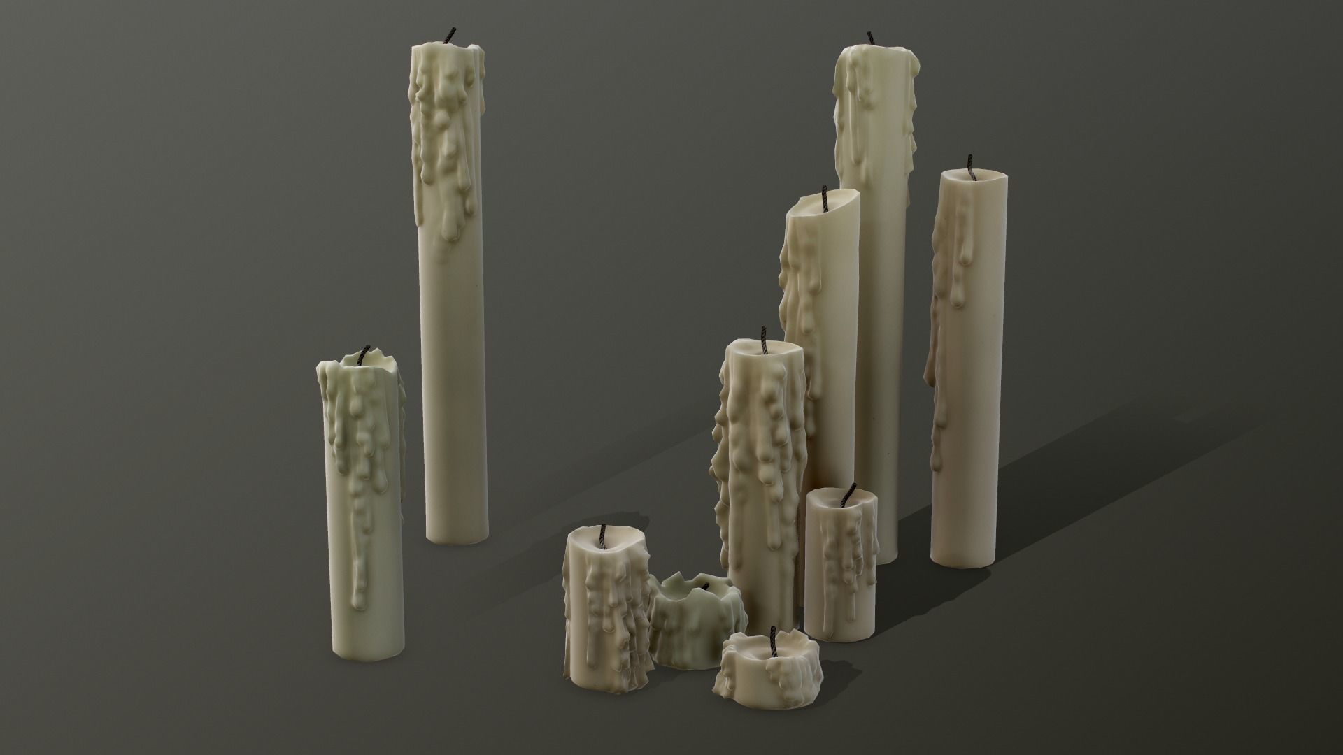 Melted Candles pack - ten different size Low-poly 3D model_5