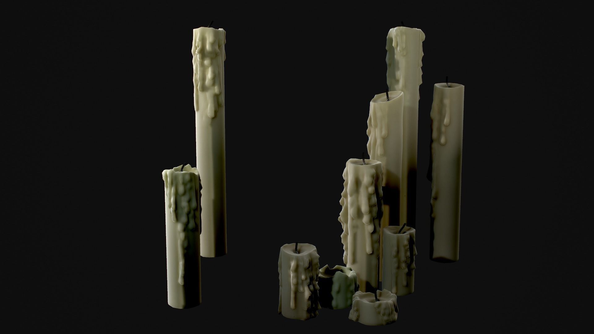 Melted Candles pack - ten different size Low-poly 3D model_18