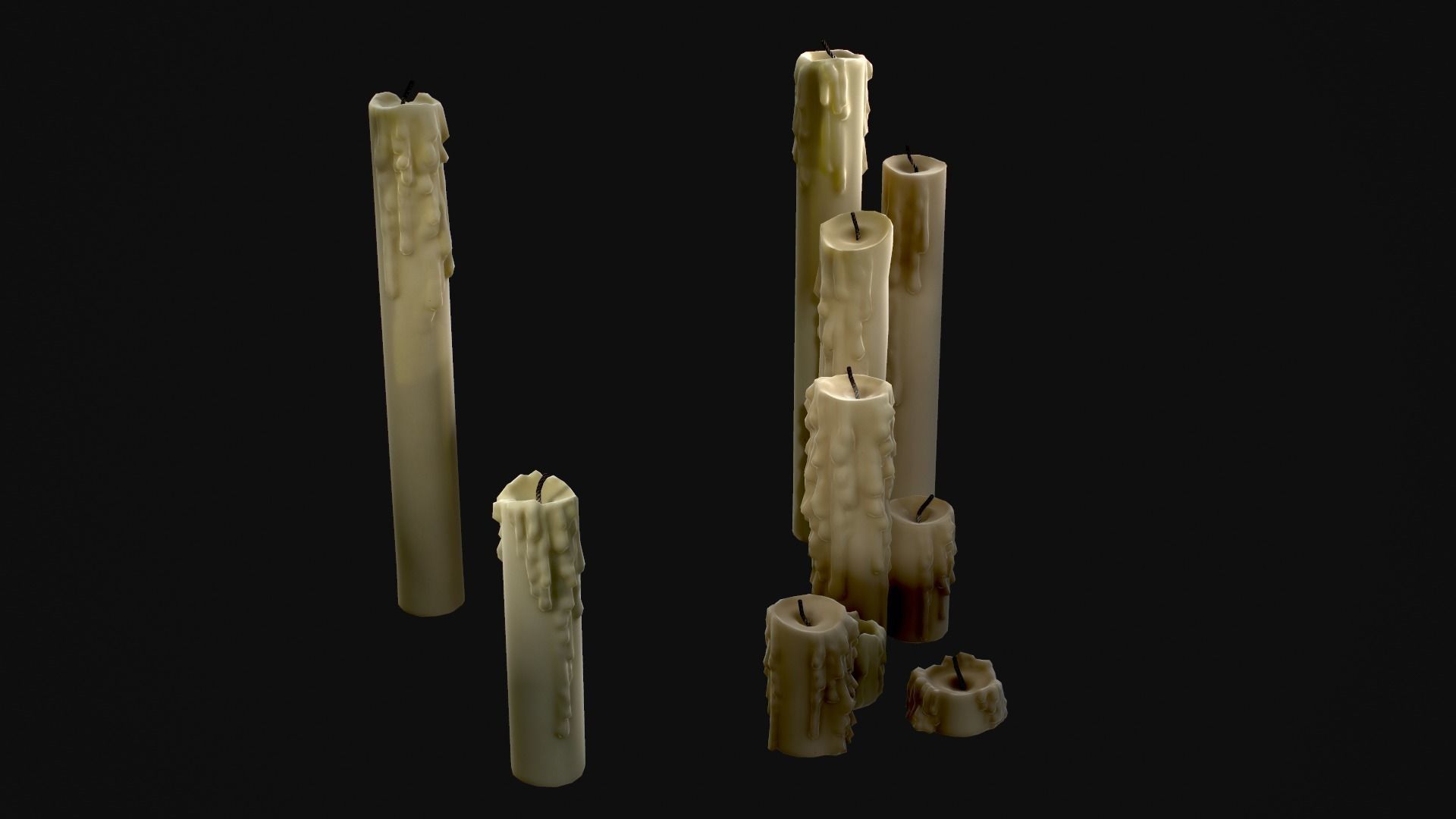 Melted Candles pack - ten different size Low-poly 3D model_12