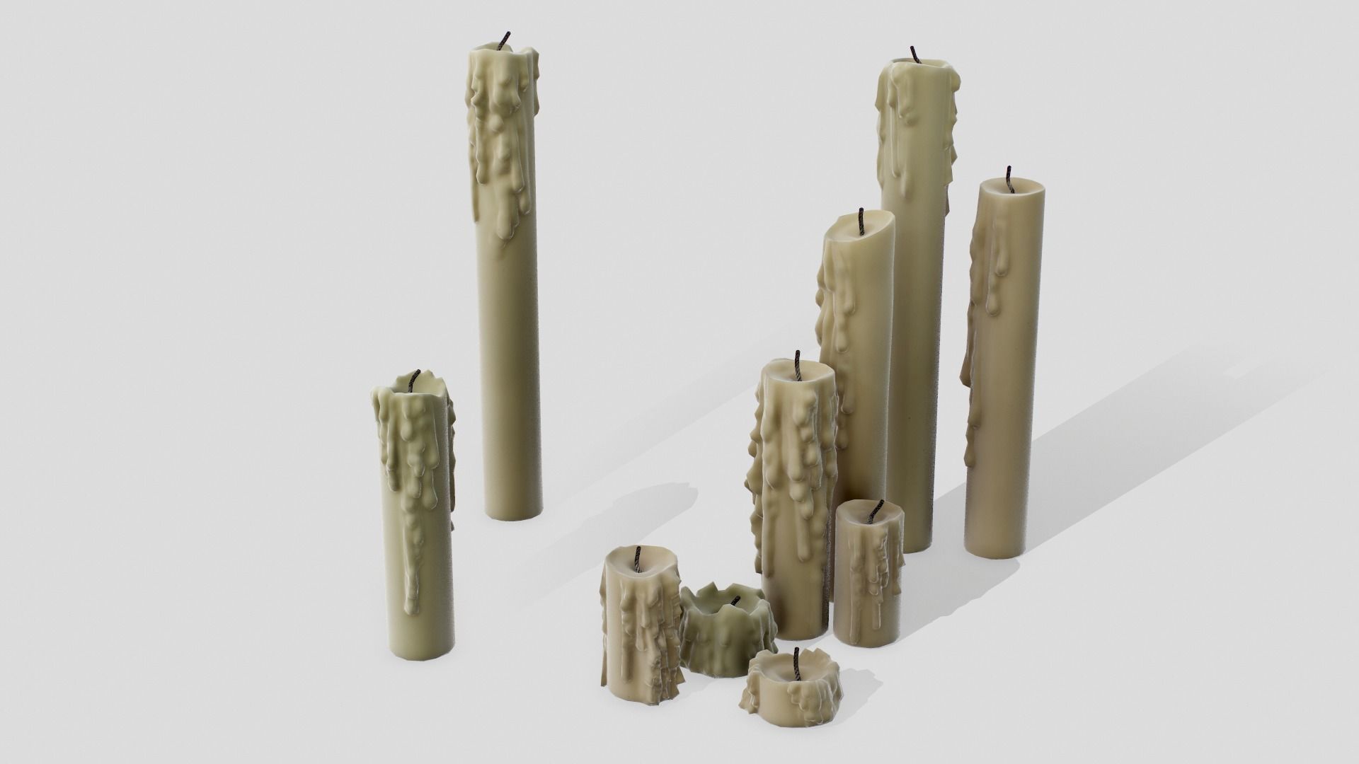 Melted Candles pack - ten different size Low-poly 3D model_2