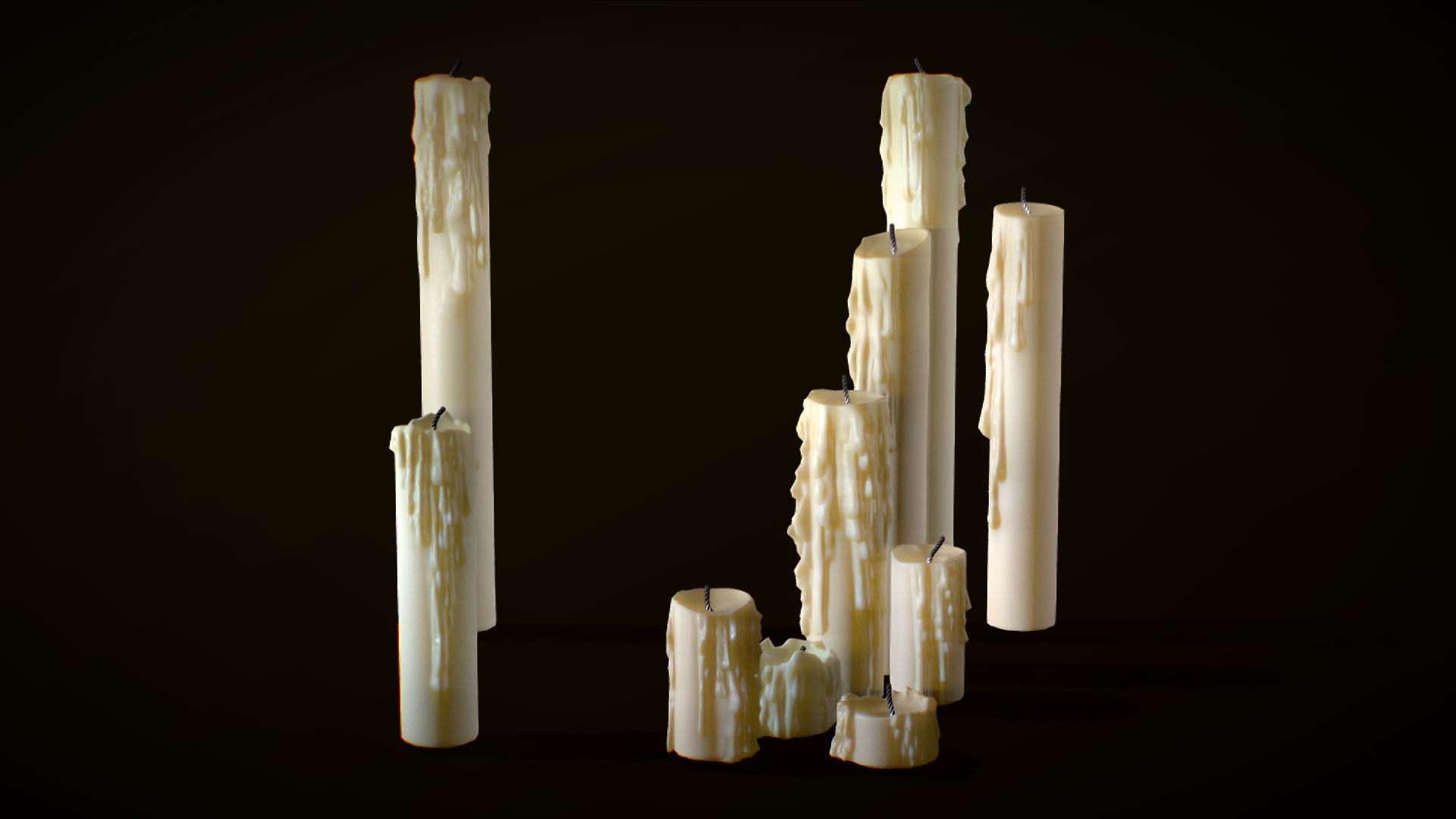 Melted Candles pack - ten different size Low-poly 3D model_1