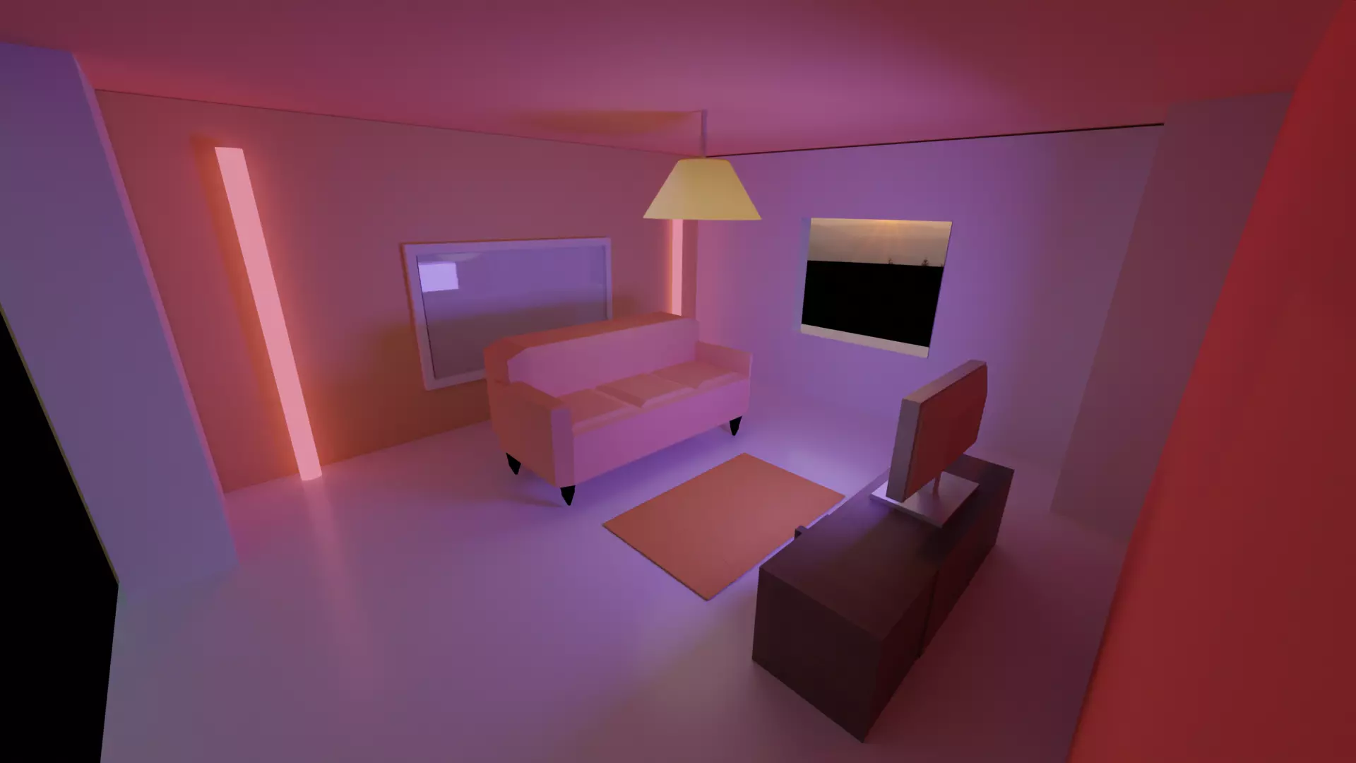 low poly hall living room with lighting Low-poly 3D model