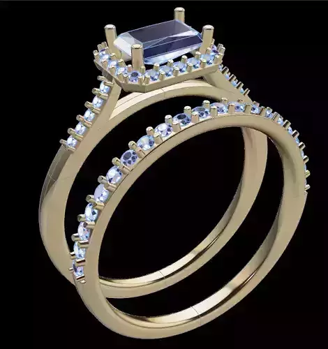 Dainty Emerald Halo Diamond Engagement Ring with Band Set