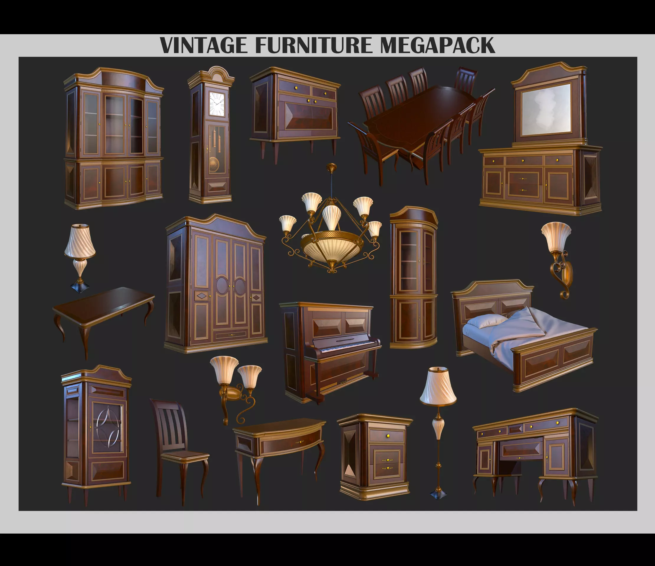 Old Vintage Furniture Mega Pack Low-poly 3D model_0