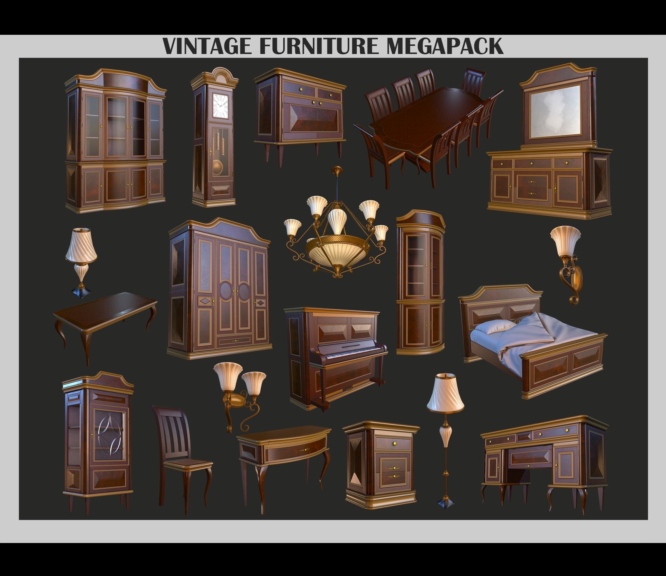 Old Vintage Furniture Mega Pack Low-poly 3D model_1
