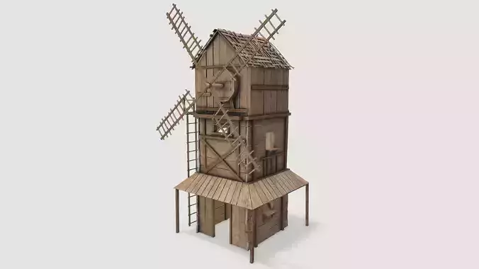 Medieval Wooden Windmill PBR  Low-poly 3D model