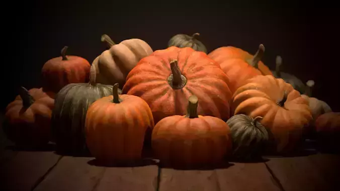 Pumpkins group of on wooden table Low-poly 3D model