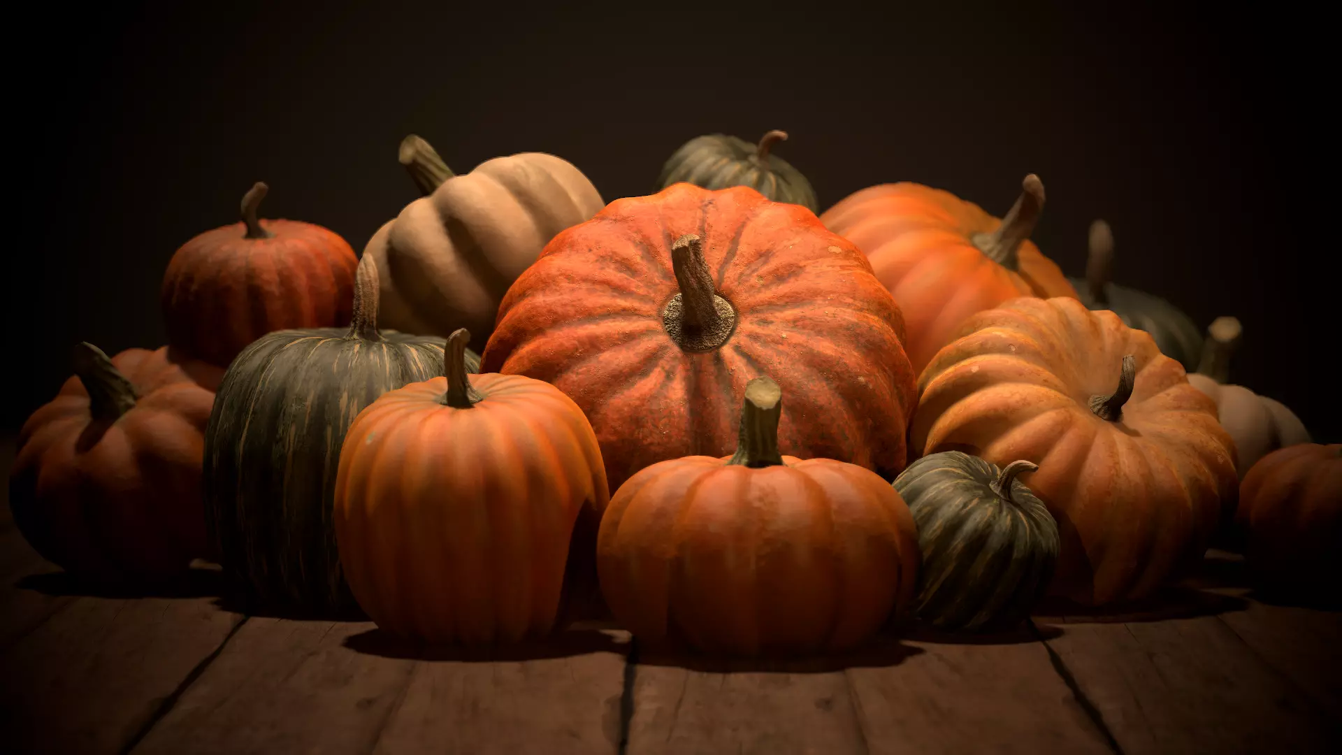Pumpkins group of on wooden table Low-poly 3D model_0