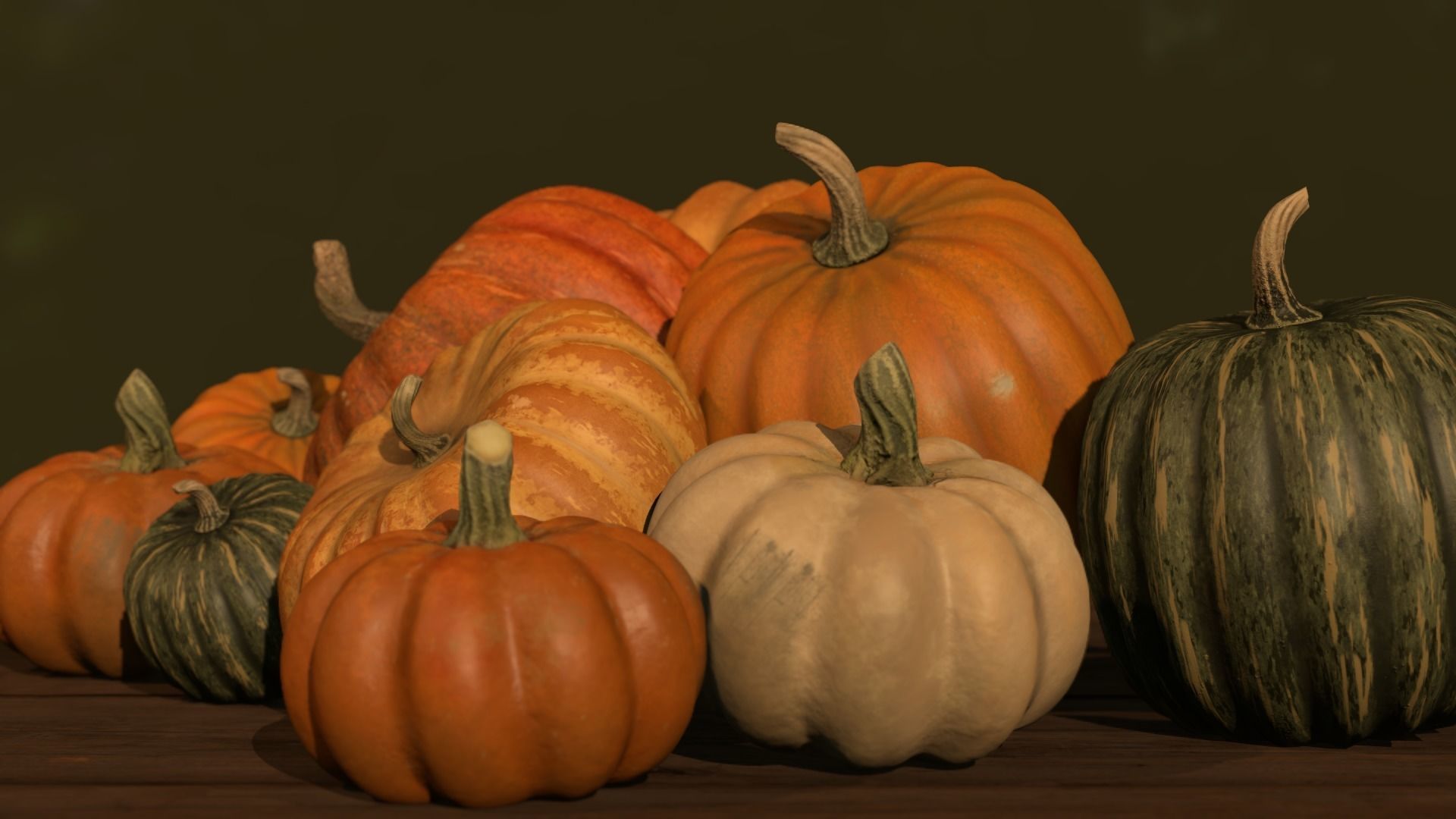 Pumpkins group of on wooden table Low-poly 3D model_19