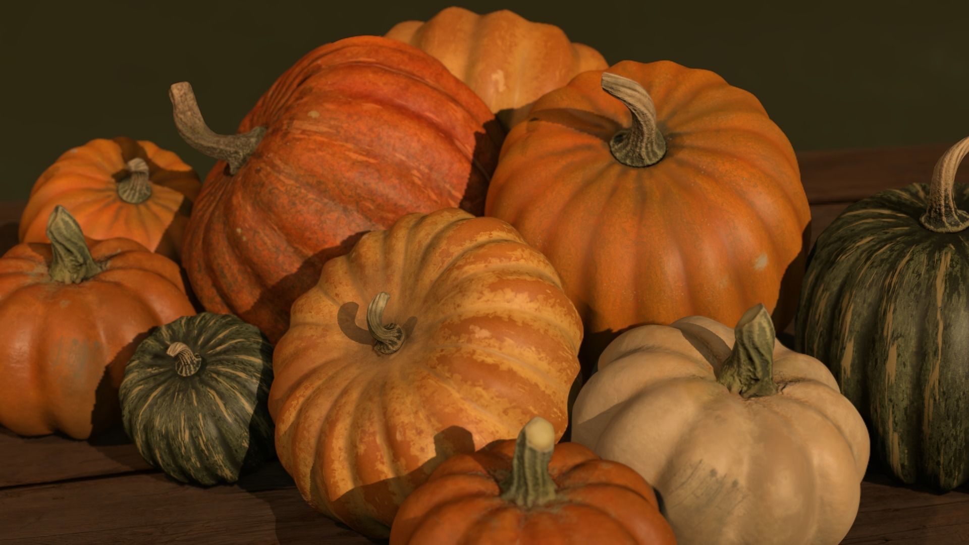 Pumpkins group of on wooden table Low-poly 3D model_20