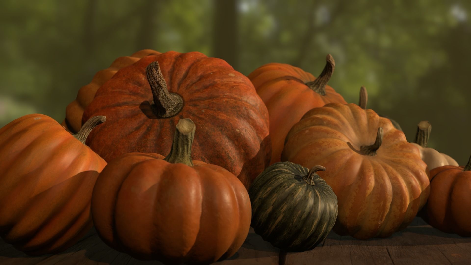 Pumpkins group of on wooden table Low-poly 3D model_18
