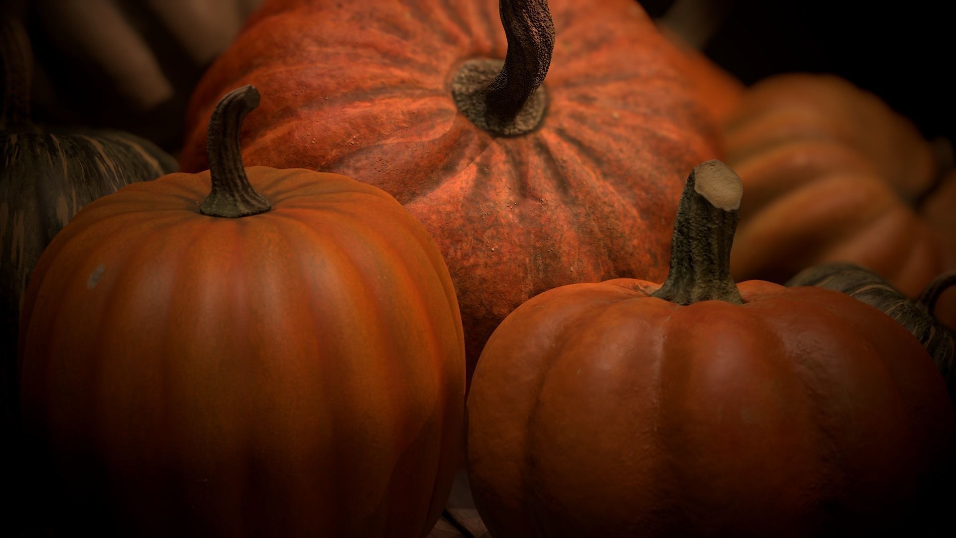 Pumpkins group of on wooden table Low-poly 3D model_3