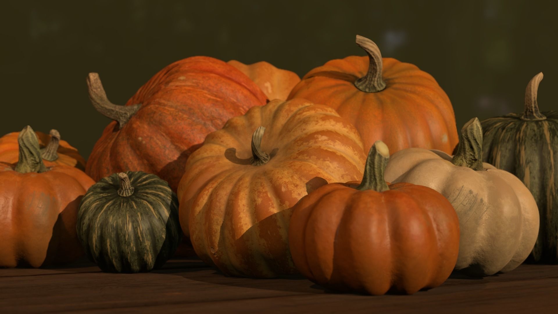 Pumpkins group of on wooden table Low-poly 3D model_16
