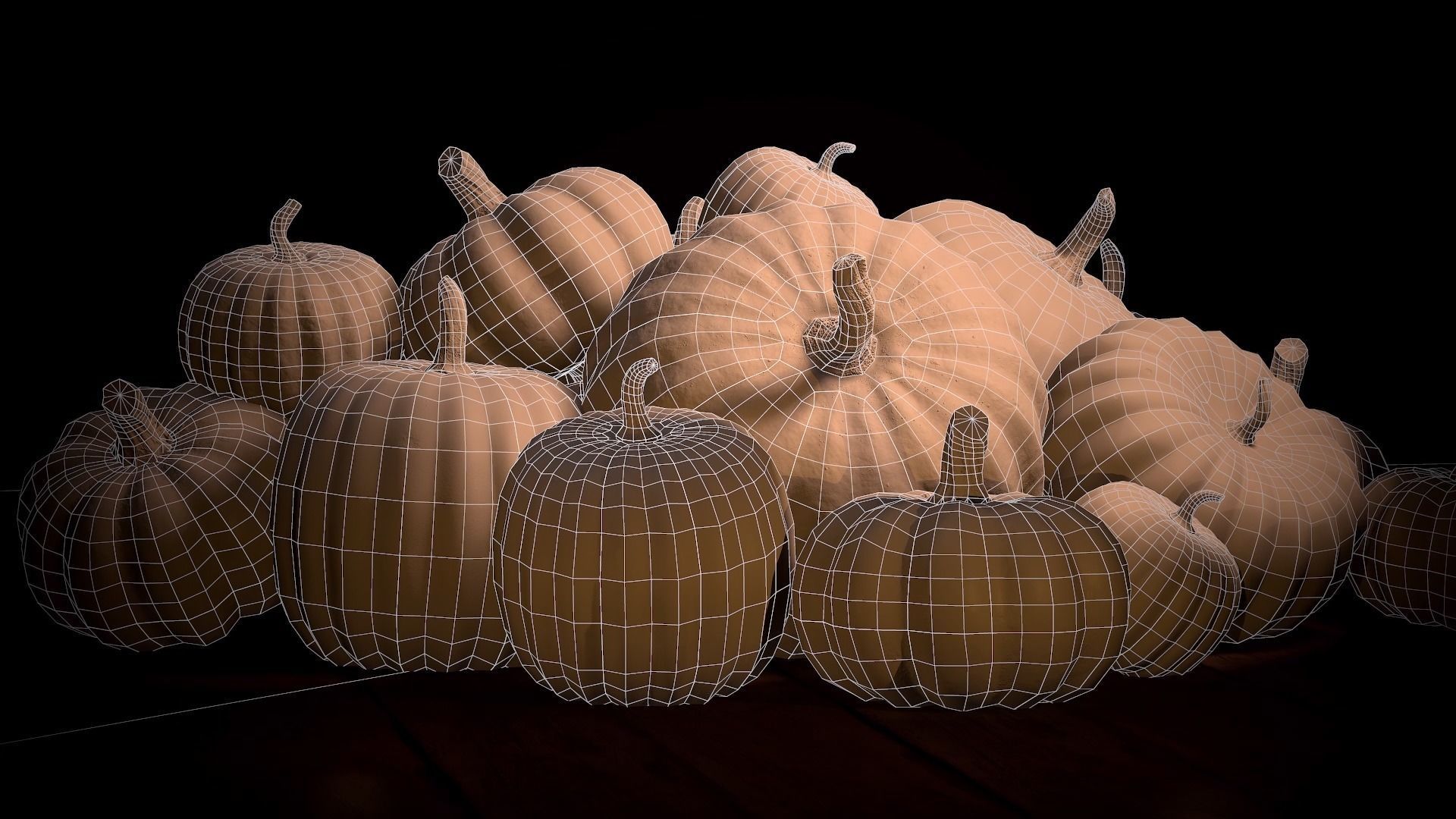 Pumpkins group of on wooden table Low-poly 3D model_5