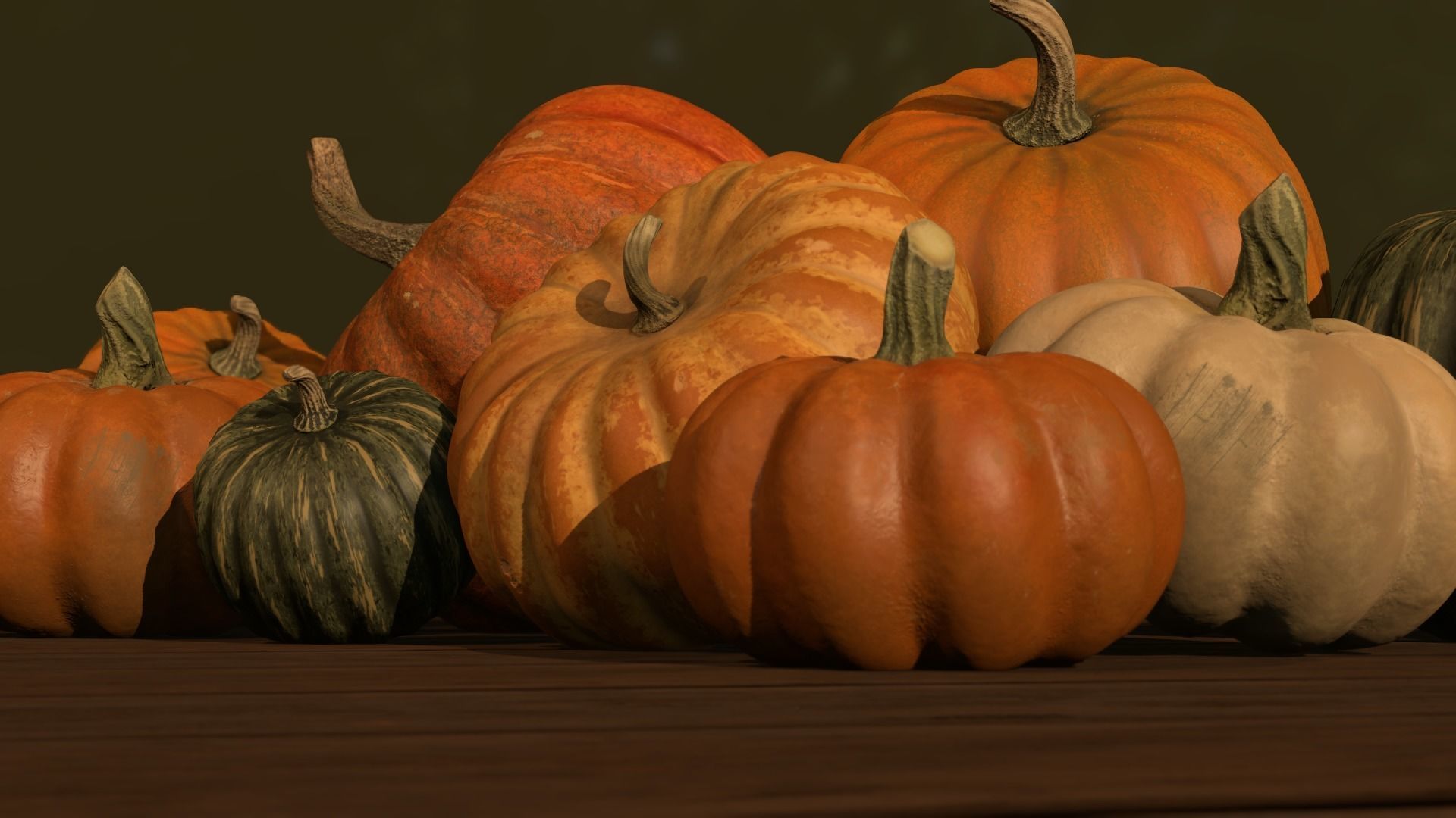 Pumpkins group of on wooden table Low-poly 3D model_21