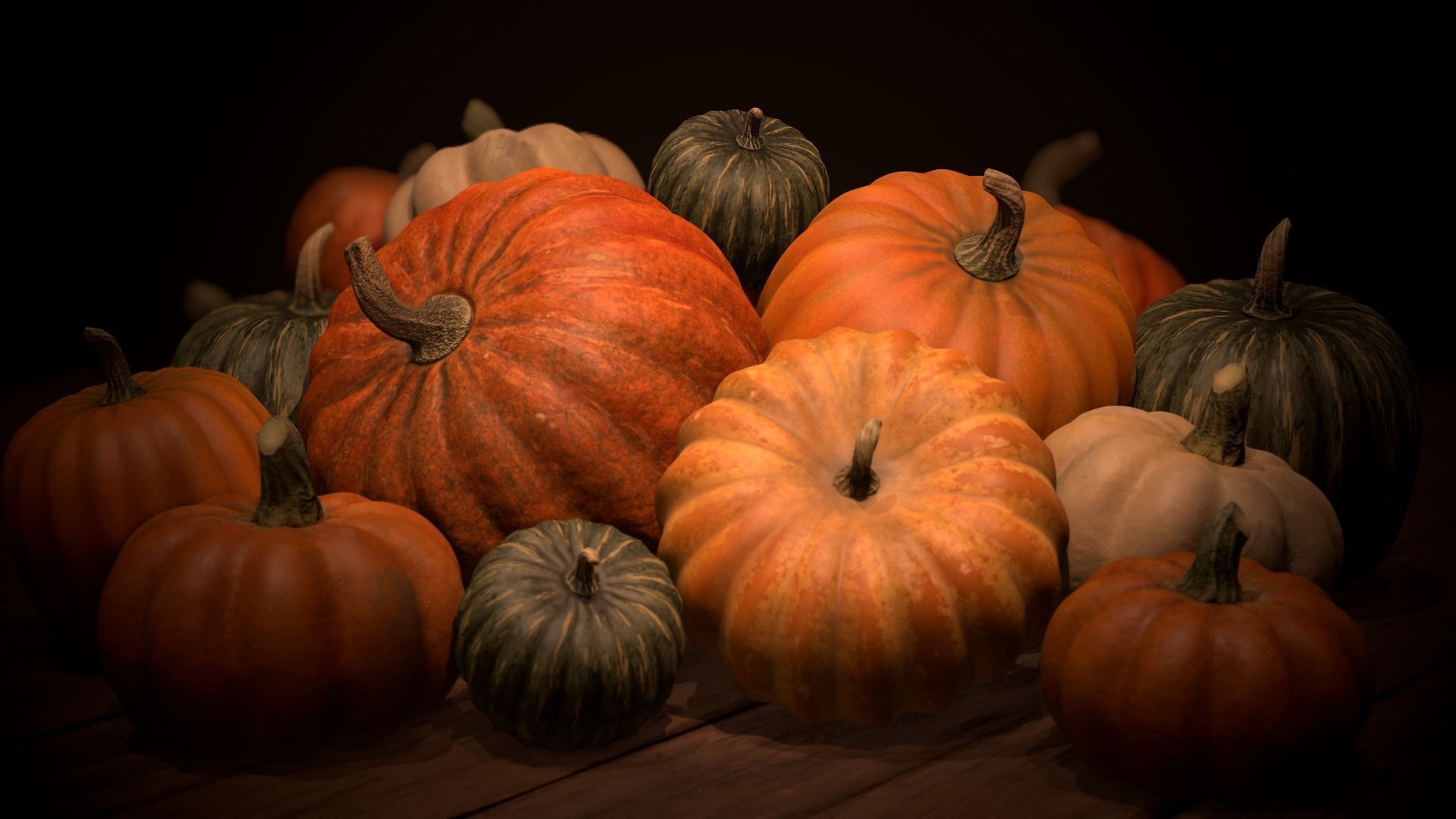 Pumpkins group of on wooden table Low-poly 3D model_23