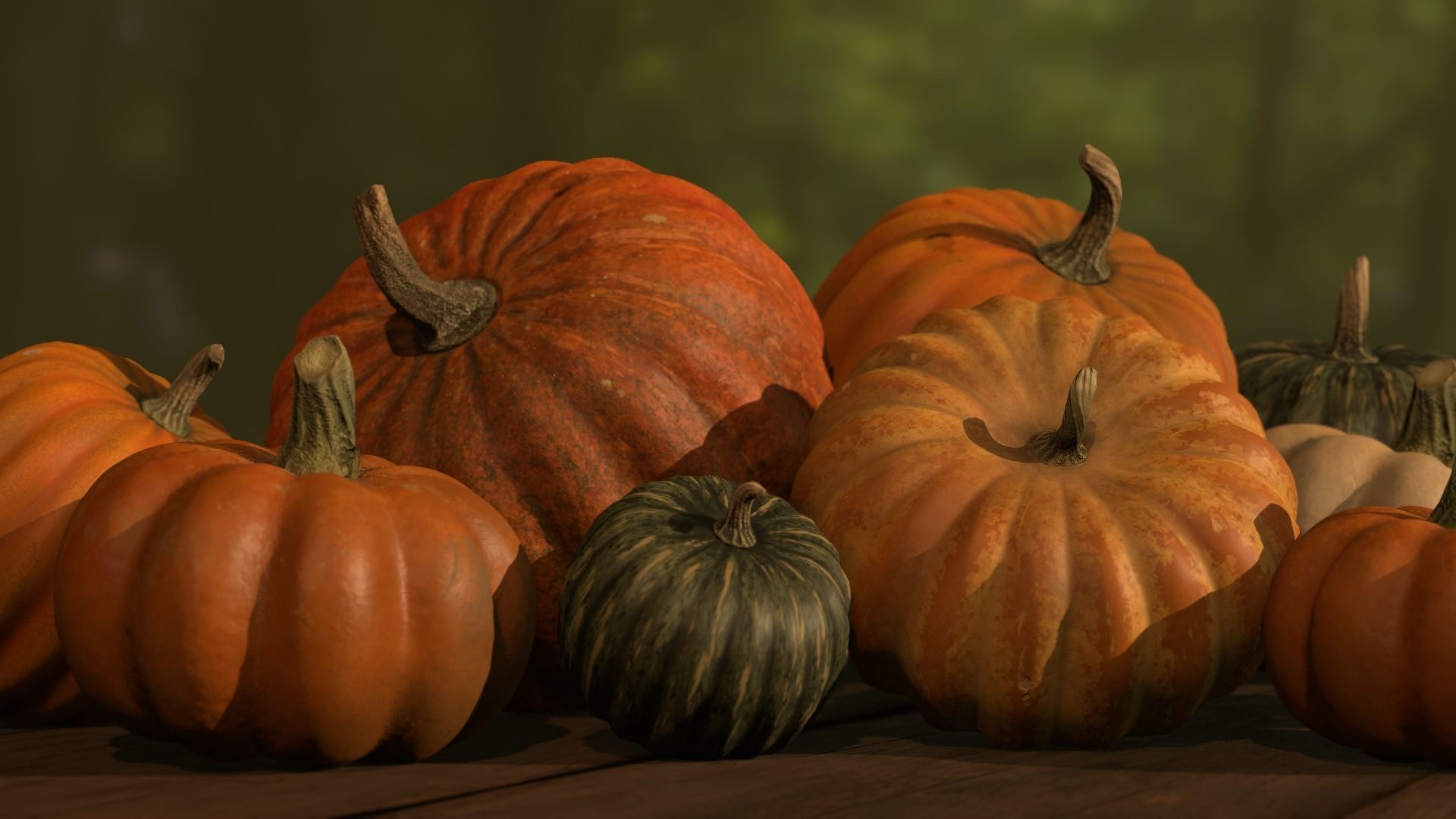 Pumpkins group of on wooden table Low-poly 3D model_17