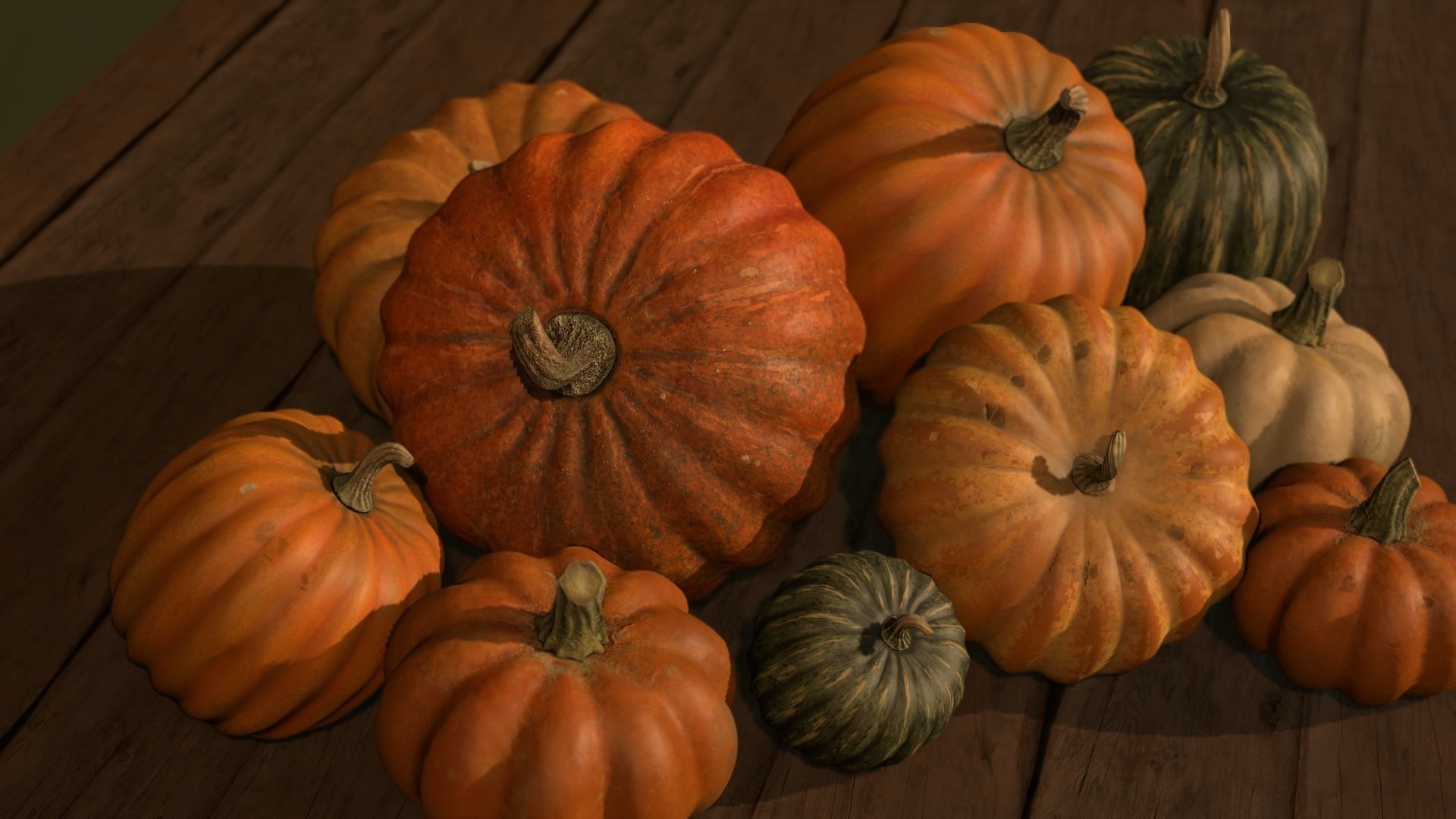 Pumpkins group of on wooden table Low-poly 3D model_4