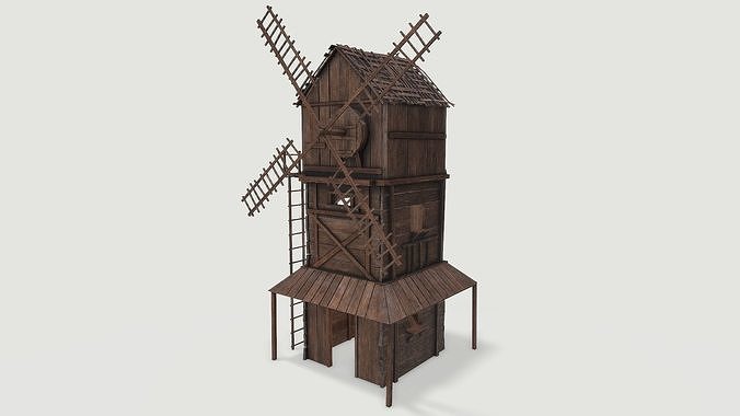 Medieval Wooden Windmill PBR Low-poly 3D model