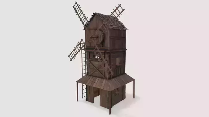 Medieval Wooden Windmill PBR Low-poly 3D model