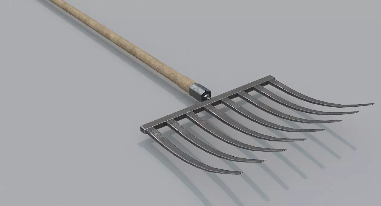 Rake2 PBR metal rake with wooden handle Low-poly 3D model_0